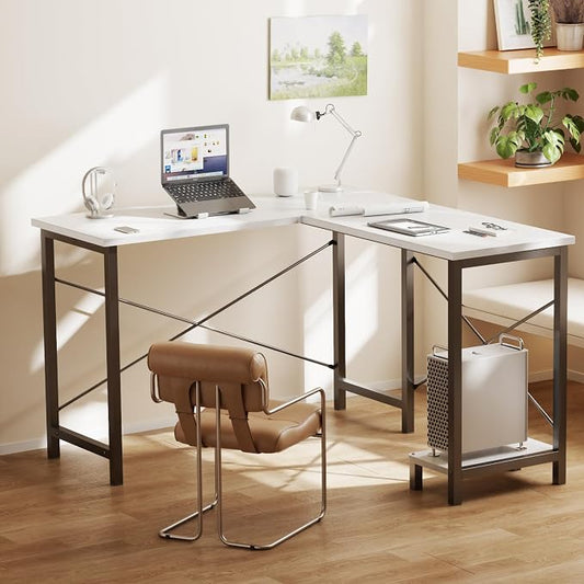 DUMOS L Shaped Desk, Computer Gaming Desks Corner Office Table with CPU Shelf for Home Study Writing Work Station 50 Inch, Sturdy Modern Design, Ideal for PC Setup, Study, and Home Office Use, White