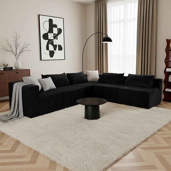 Claiks 128" U-Shaped Modular Sectional Sofa No Assembly Required, Oversized Cloud Couch with Double Chaise, Corduroy Fabric for Living Room & Apartment, Black