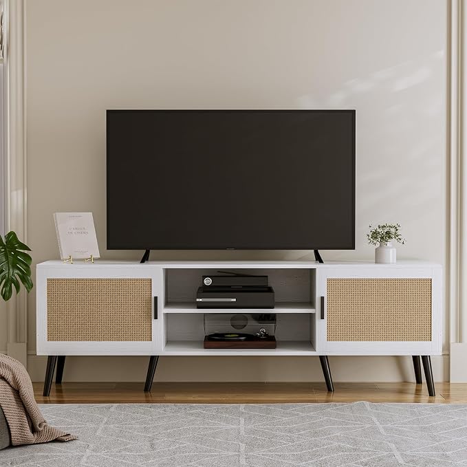 ZttRiee TV Stand with Rattan Doors for TVs up to 65", Mid-Century, White | 54.7"W x 15.7"D x 18.9"H, 150 lbs capacity, 2 rattan-door cabinets & 1 shelf (4 compartments), 2 cord holes, 6 wood feet