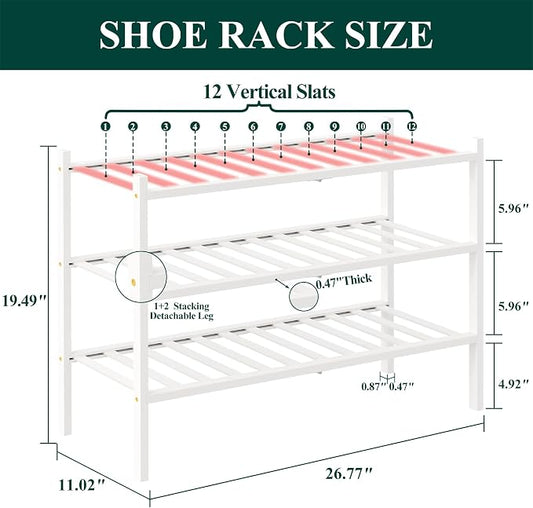 Smiry Bamboo Shoe Rack, 3 Tier Free Standing Wooden Shoe Organizer, Stackable Wood Shoe Storage Shelf for Closet, Entryway, 12 Vertical Slats, 2+1 Stack Standard Legs, 26.8"x11"x19.5", White