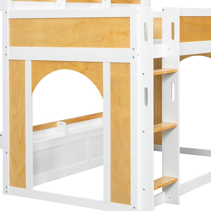 Twin Over Twin Bunk Bed with Storage Shelves,Window and Two Doors,for Kids Teens Adults Use (White+Natural-Window, Twin Over Twin)