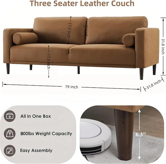 HIFIT 79" Sofa Couches for Living Room Mid-Century Modern Decor Faux Leather Couch with Deep Seat&Cloud Cushions&2 Pillow, 3 Seater Home Sofa Living Room Brown Loveseat for Office, Bedroom, Apartment