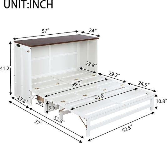 PVWIIK Full Murphy Bed with Storage Drawer,Solid Pine Murphy Foldable Bedframe for Home Office, Studio or Guest Room,Multi-Functional Cabinet Bed Frame,White-Walnut