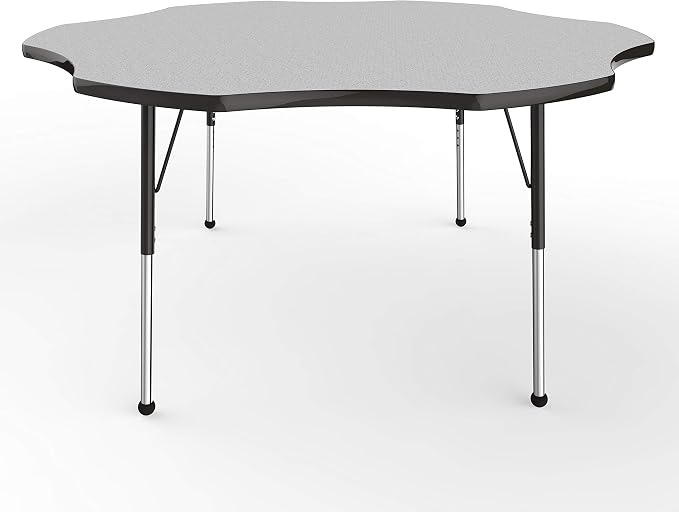 FDP Flower Activity School and Office Table (60 inch), Standard Legs with Ball Glides for Collaborative Seating Environments, Adjustable Height 19-30 inches - Gray Top and Black Edge