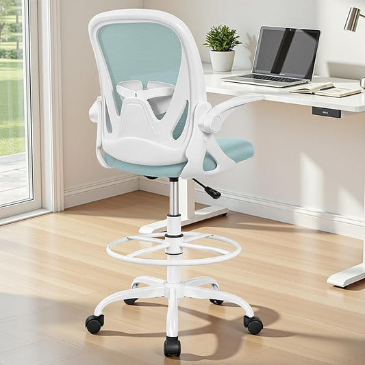 Primy Drafting Chair Tall Office Chair with Flip-up Armrests Executive Ergonomic Computer Standing Desk Chair with Lumbar Support and Adjustable Footrest Ring(Light Blue)
