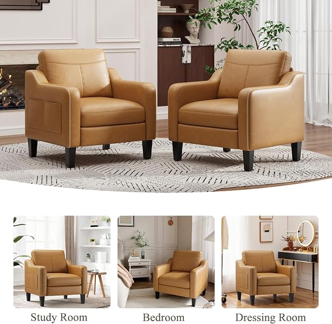 MALOL PU Leather Accent Chair Set of 2, Mid-Century Modern Living Room Armchair Sofa with Removable Cushions, Solid Wood Frame & Stitched Armrest Design, Bedroom Chair with Plastic Legs, Brown