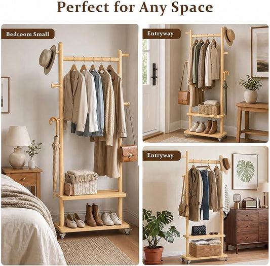Taitiy Coat Rack Freestanding Clothing Rack with Wheels & 2 Shelves Storage & 5 Hooks Heavy Duty Clothes Rack Wood Coat Tree Stand Hat Hanger Rack for Corner Bedroom Entryway Living Room Hotel Size L