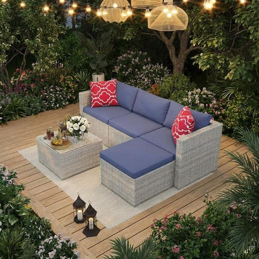5-Piece Outdoor Sectional Sofa Set, Outdoor Patio Set Sectional Sofa, All-Weather PE Rattan Patio Furniture with Ottoman & Tempered Glass Table for Garden, Backyard, Porch, Poolside (Brown/Blue)