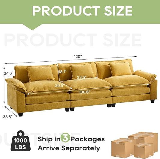 Oprisen 120" Modular Sectional Sofa, Comfy Cloud Couch Sectional Sofa, Chenille Sofa Sleeper Deep Seat Sofa with Throw Pillows for Living Room (Yellow, 120"- 3 Seater)