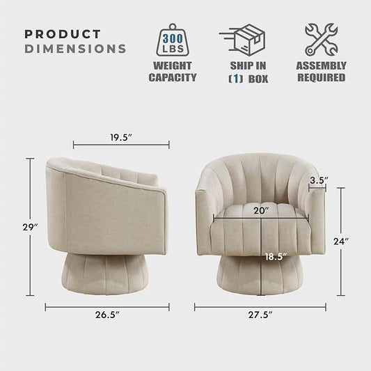 Lexicon Modern Swivel Accent Chair, Velvet Fabric Upholstered Swivel Lounge Chair with Rounded Base and Channel Stitching for Living Room/Bedroom/Office, Easy Assembly, Taupe