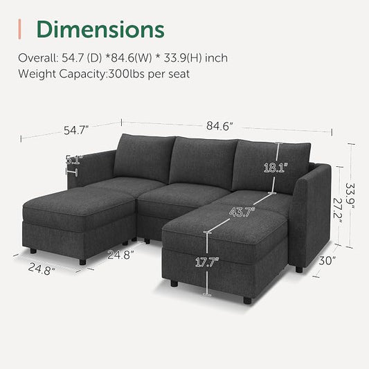 HONBAY Modular Sectional Sofa with Storage U Shaped Sectional Sofa, Convertible Couches for Living Room - Snowflake Velvet Grey
