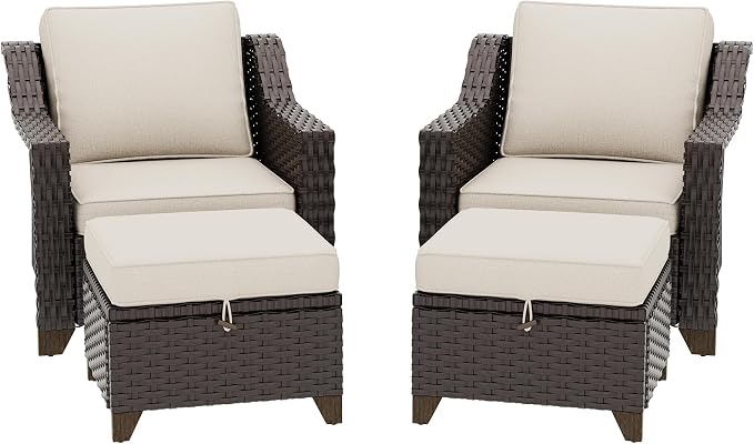 4 Pieces Patio Conversation Furniture Set - 2 Chairs with Ottomans Set of 2, Outdoor Wicker Armchairs with Water-Resistant and Washable Cushions for Porch, Balcony, Sunroom (Beige)
