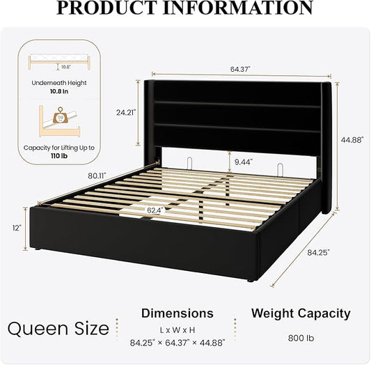 SHA CERLIN Queen Size Lift Up Storage Bed/Velvet Upholstered/Modern Wingback Headboard/Upholstered Platform Bed Frame/Hydraulic Storage/No Box Spring Needed/Black