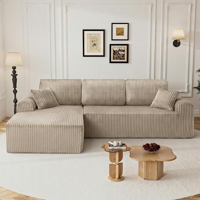 110" L Shaped Boneless Sectional Couches for Living Room, Comfy Corduroy Floor Cloud Sofa with Chaise, Wide Armrest, Deep Seat, Memory Foam, Assembly Free, Ideal for Small Spaces, Brown
