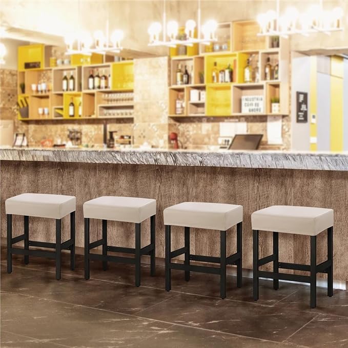 YISUN Stool Covers Rectangle - 4 Pack Stretch Waterproof Saddle Seat Cover Counter Bar Stools Bar Chairs Covers Kitchen Island Chairs Cushion Protector (4, Pu Leather-Beige)
