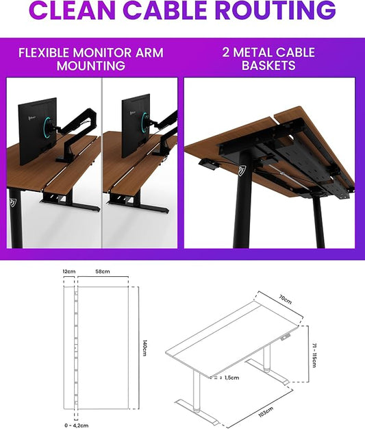 Arozzi Arena Nordico Gamer Desk – 55x27.6” Electric Standing Table – PC Gaming Desk with Storage for Cables - Dual Cable Baskets, Split Tabletop, Monitor Arm Friendly - Dark Walnut