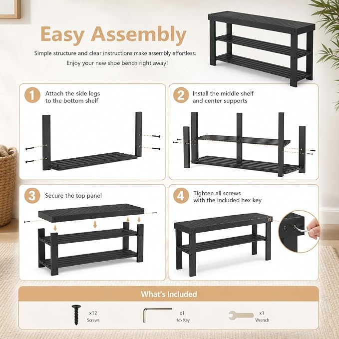 Shoe Rack Bench, 3-Tier Shoe Storage Organizer for Entryway , Shoe Shelf for Small Spaces, Multi-Functional Side Table Plant Stand, Shoe Stand for Bedroom, Living Room, Closet, Front Door, Black