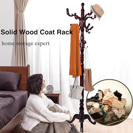 Wooden Coat Rack Freestanding, Hall Tree Hanger With Resin Hooks, Adjustable Heavy Duty Coat Rack for Hanging Clothes Bags Hats in Living Room Bedroom (coat rack, 3 Prong Legs-Rosewood Color)