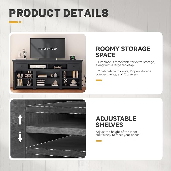 YITAHOME Electric Fireplace TV Stand for TVs up to 80 Inches, Entertainment Center with Fireplace, Farmhouse TV Stands with Storage Drawers & Cabinets for Living Room (Black)