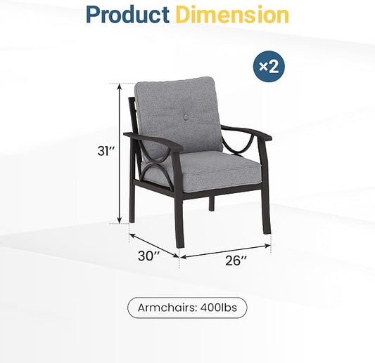 RoyalCraft Outdoor Patio Furniture Set, 3 Pieces Metal Patio Conversation Set with Side Table for Porch Garden Backyard, Grey