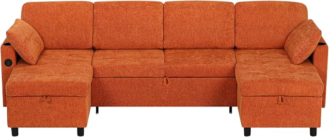 110 Inch Sleeper Sofa Bed w/7 Angles Adjustable Backrests, Chenille sectional Sofa Bed w/USB Port, Convertible U-Shaped Couch Bed w/Storage Chaise & Thicker Cushions for Living Room, Orange