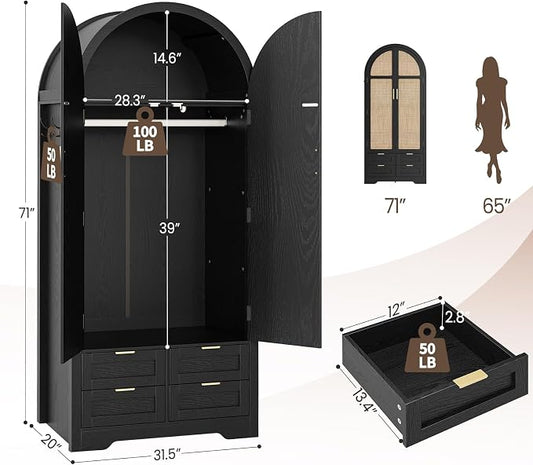 Armoire Wardrobe Closet with 4 Drawers - Wood Bedroom Armoires and Wardrobes with Rattan Doors for Hanging Clothes, Clothing Cabinet Arched Closets for Cloak Room, Large Capacity Storage Black