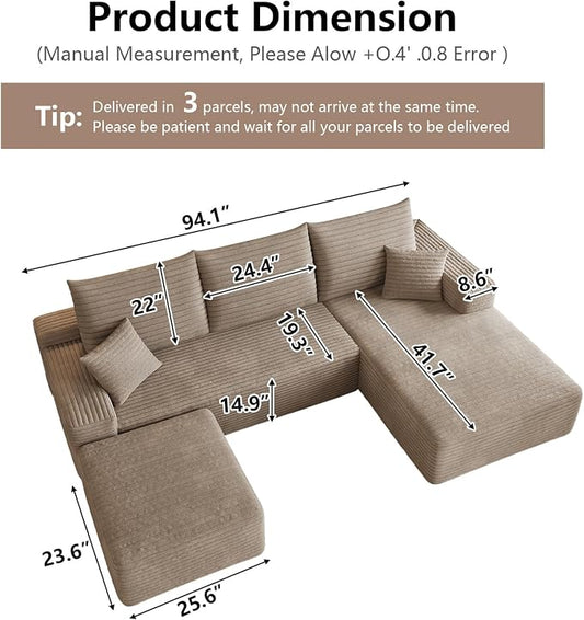95" Cloud Sectional Couch U-Shaped Chaise with Ottoman, Corduroy Boneless Couch for Living Room Bedroom, Deep-Seat Upholstered Modular Cloud Sofa, No Assembly Required (Camel, Right Facing Chaise)