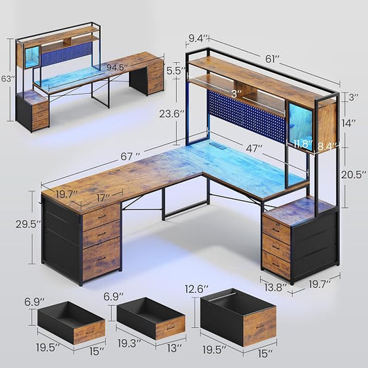 SEDETA L Shaped Gaming Desk with 6 Drawers, Reversible Computer Office Desk with File Drawer, Hutch, Storage Shelves, Gaming Corner Desk with Led Lights, Power Outlet for Two Person, Rustic Brown