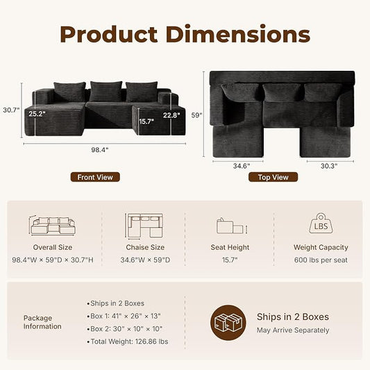 Modular Sectional U-Shaped Sofa with Deep Seat, Modern Boneless Comfy Corduroy Fluffy Couch with Side Pockets and Anti-Slip & Floor-Friendly Bottom for Living Room, No Assembly, Black