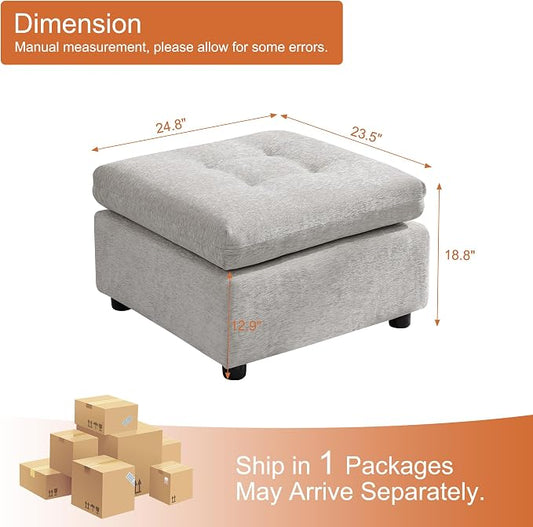 24" Square Modular Ottoman for Sectional Sofa, Tufted Chenille Upholstered Footrest, Cloud Sofa Ottoman for Living Room, Light Grey