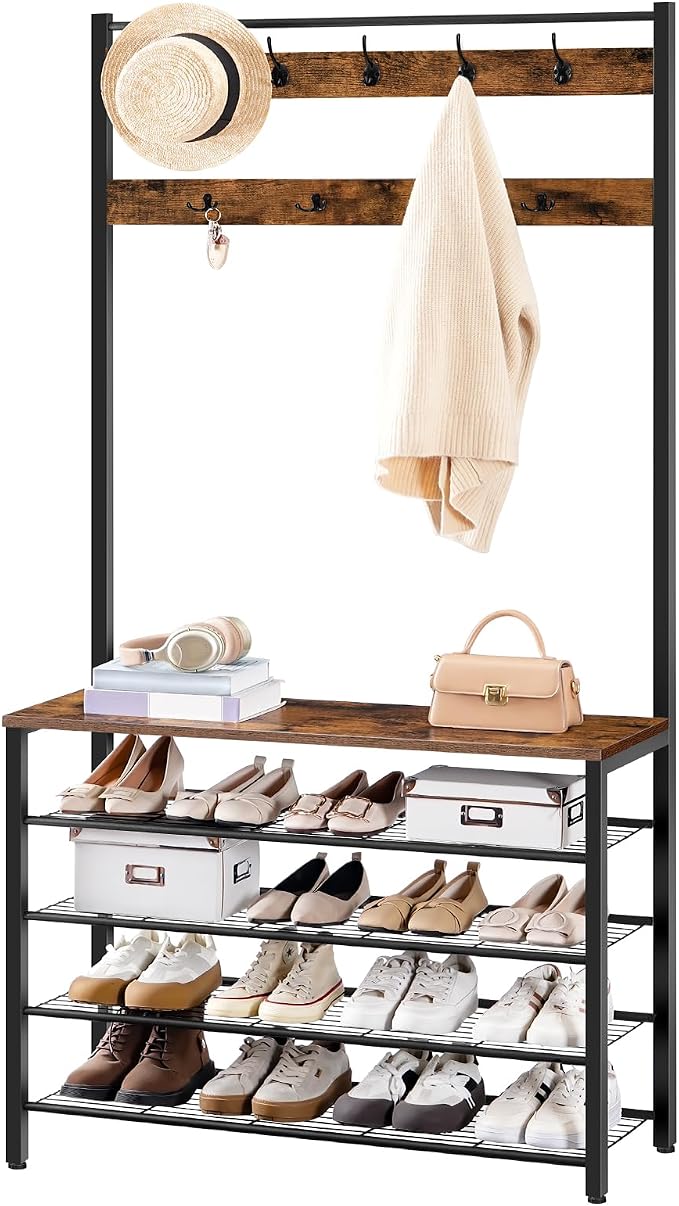 HOOBRO Hall Tree, Coat Rack with Shoe Rack, 39.4” Hall Tree with Bench, 5 Tier Shoe Storage Organizer with 9 Hooks for Entryway, Closet, Sturdy, Industrial, Rustic Brown and Black BF801MT01