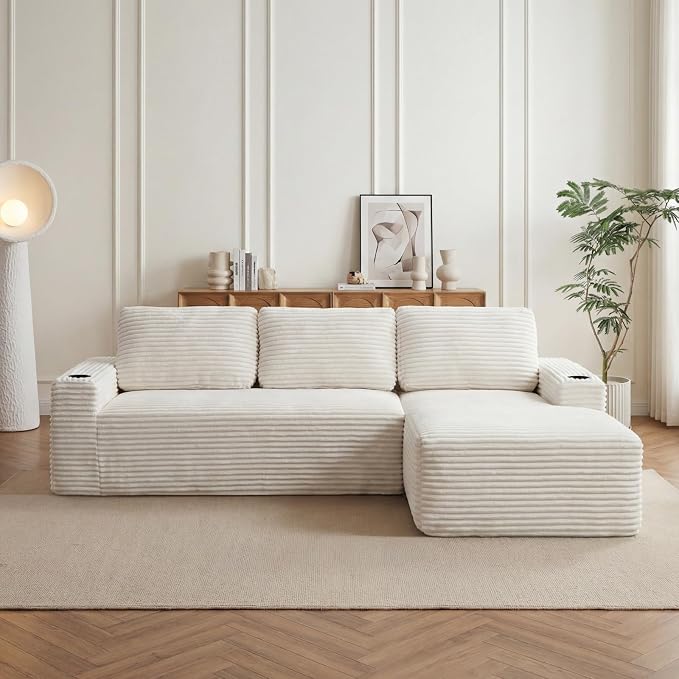 104" L Shaped Boneless Sectional Couches for Living Room, Comfy Corduroy Floor Cloud Sofa with Chaise and Cup Holder, Wide Armrest, Deep Seat, Assembly Free, Ideal for Small Spaces, Beige