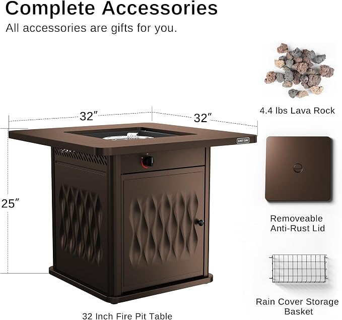 EAST OAK 32'' Propane Fire Pit Table, 50,000 BTU Steel Gas FirePit for Outdoor, Outside Patio Deck and Garden, CSA Certified Fire Table with Magnetic Lid, Cover-Storage Basket and Lava Rock, Brown