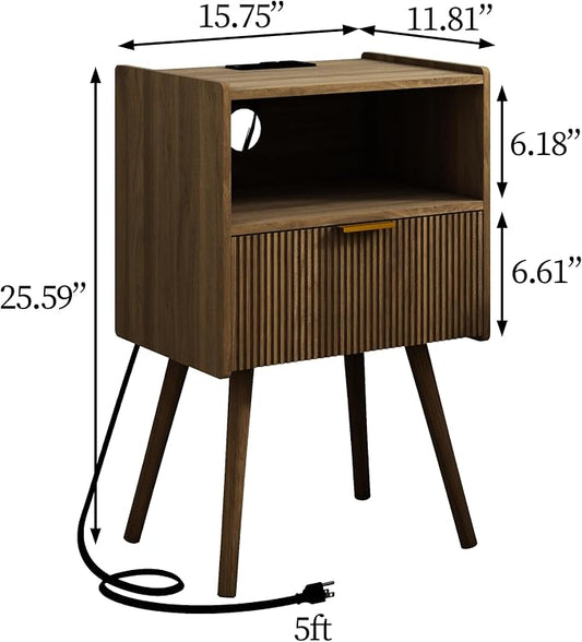 JOONEE Nightstand with Outlet,Modern Bedside Table with Storage Drawer and Open Wood Shelf, for Living Room, Bedroom and Small Spaces, Accent Night Stand with Solid Wood Legs, Easy Assembly,Brown