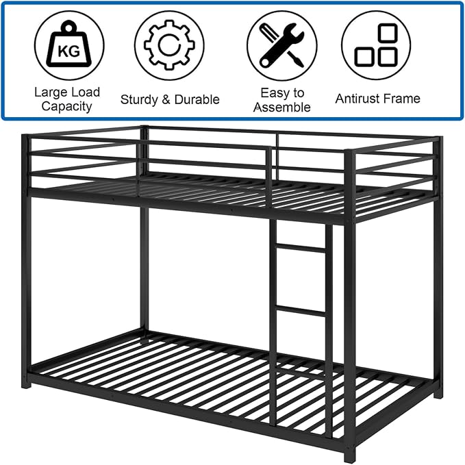 Low Metal Bunk Bed Frame for Kids, with Built-in Ladder, High Guardrail and Metal Slats, Floor Bed Bottom Bunk, No Boxspring Required, for Small Spaces, Twin-Over-Twin (Black)