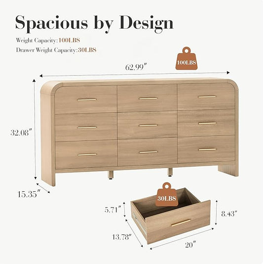 Curved 9-Drawer Dresser for Bedroom, 63" Wide Modern Chest of Drawers, Vanity Desk TV Stand for Living Room, Closet Storage Drawers Organizer Furniture, Nursery, Hallway, Grey Oak
