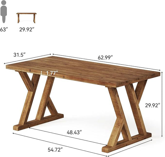Solid Wood Dining Table for 4-6 People, 63 Inches Wooden Farmhouse Rectangular Kitchen Dinner Table with Heavy-Duty Legs for Home, Living Room, Dining Room, Rustic Brown