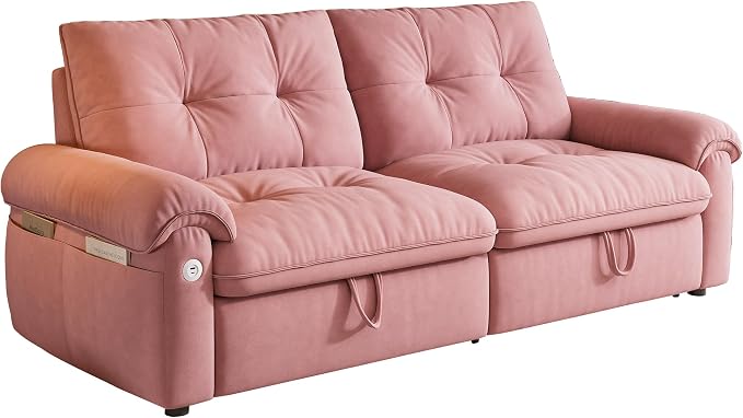 77.2'' Pull Out Couch Full Size, Pre-Assembled Sleeper Sofa Bed, Flannel Convertible Futon Sofa Bed with Adjustable Backrest, USB, Side Pockets, Loveseat for Living Room, Apartment, Pink