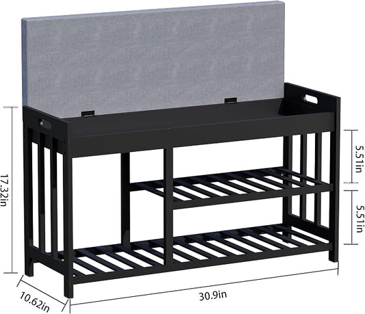 APRTAT 3-Tier Bamboo Shoe Rack Bench, Shoe Storage Organizer Bench, Entryway Benchs, Shoes Rack for Front Door Entrance, Entryway Bathroom Bedroom (Black, Large)