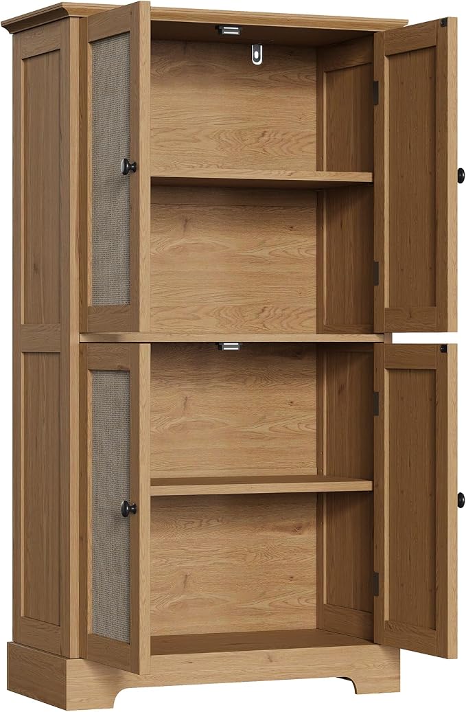 ChooChoo Bathroom Floor Cabinet, Rattan Bathroom Storage Cabinet with 4 Doors and Adjustable Shelves, Freestanding Cupboard for Living Room, Rustic Oak