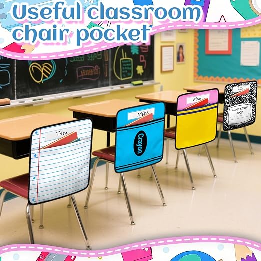 24Pcs 17 * 19 Inch Chair Pockets, Seat Sacks Student Chair Bag Organizer for Classroom, School Storage Seat Back Hanging Bag with a Name Tag Multi Pocket for Kindergarten Primary Schools Pre-School