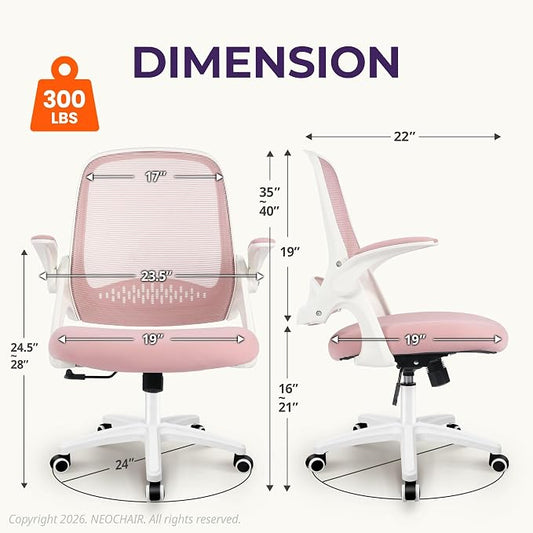 NEO CHAIR Office Desk Gaming Ergonomic Computer Chair with Lumbar Back Support Adjustable Height Swivel Rolling Wheels Flip-up Arms Mesh Chair for Home Vanity (Pink)