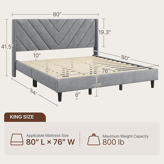Yaheetech King Bed Frame Upholstered Platform Bed/Wooden Slat Support/Tufted Headboard with Wing Side/Mattress Foundation/No Box Spring Needed,Light Gray King