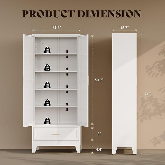 71“H Kitchen Pantry Cabinet with Drawers,Tall Kitchen Pantry Cabinets,Metal Food Storage Cabinets, White Pantry Cabinet with 4 Doors, Large Freestanding Cabinets for Dining Room, Living Room