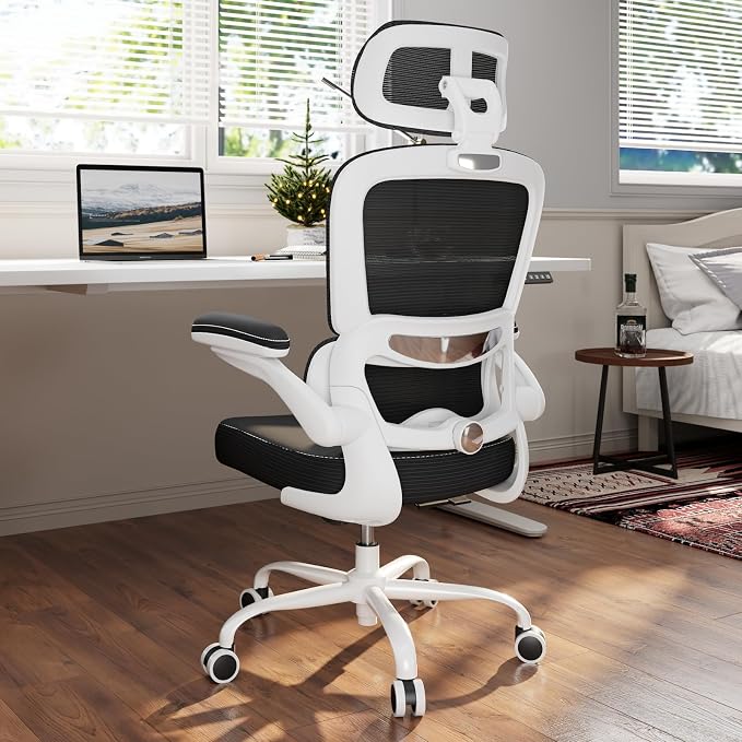 TRALT Ergonomic Office Chair - Desk Chair with Adjustable Headrest Lumbar Support Computer Chair - Mesh Comfy Chair with Flip-up Armrests - Gaming Chairs for Adults Home Office (Leather, Black White)
