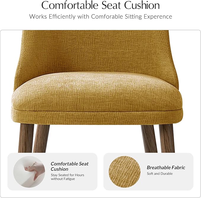 Upholstered Dining Chairs Set of 4, Fabric Dining Room Chairs with Curved Backrest, Solid Wood Legs, Modern Kitchen Chairs for Dining Room Living Room, Mustard