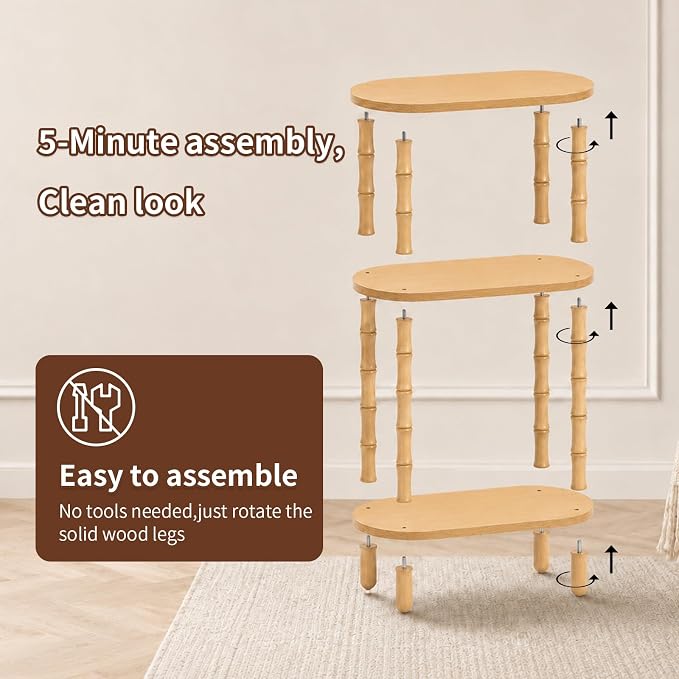 Narrow Side Table with Storage, 3-Tier End Table Skinny Nightstand for Bedroom, Living Room Small Space, Natural