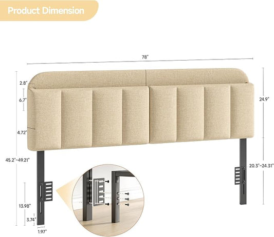 Adjustable Headboard for King/California King Size Bed Frame, Linen Fabric Bed Headboard with Storage & RGB LED Light in Modern Vertical Channel Design, Beige