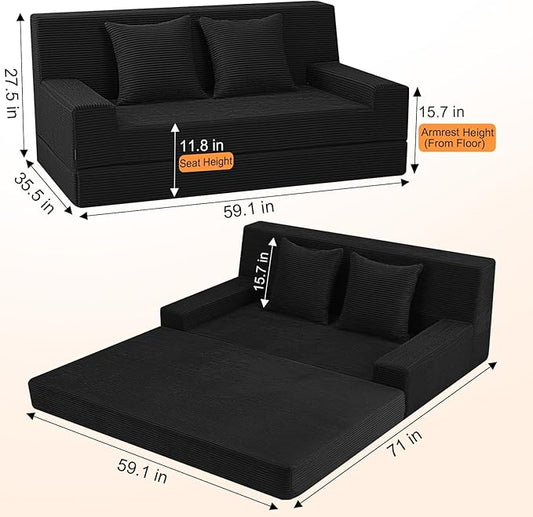 MeMoreCool Folding Sofa Bed Boneless Couch, 59" Loveseat Convertible Futon, Corduroy Foldable 2-in-1 Floor Sleeper for Small Living Room, Apartment, Guest Room, Foam Support & Washable Cover, Black