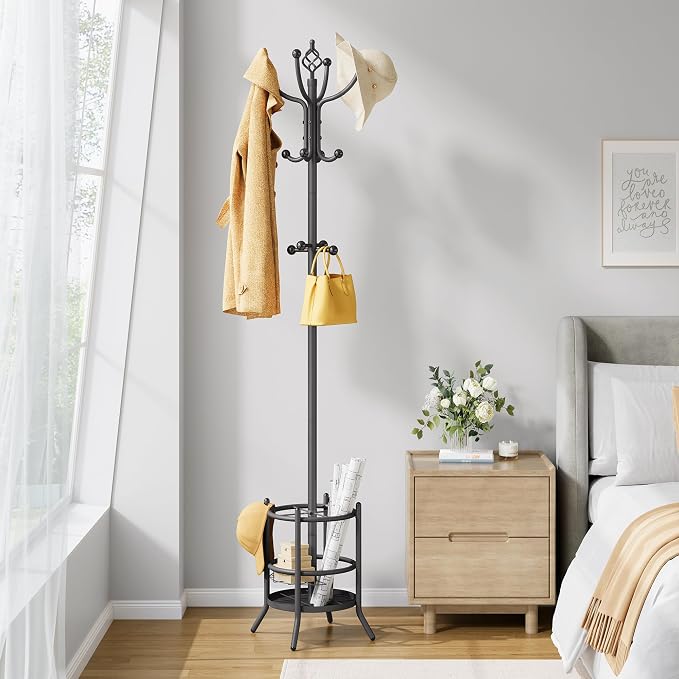 Tajsoon Coat Rack with Umbrella Holder, Coat Tree Freestanding, Coat Rack Stand with 16 Hooks, Coat Stand for Living Room, Bedroom, Office, Grey